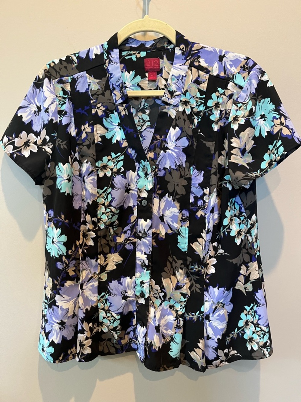 212 Collection Black Floral Button-Front Top with Blue and Aqua Blooms